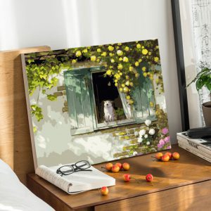 Kit de pintura de gato asomandose por la ventana